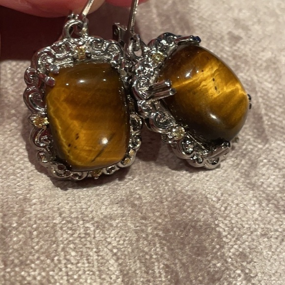 South African Tiger’s Eye Earrings Picture Frame Setting Stainless Steel - Picture 3 of 9